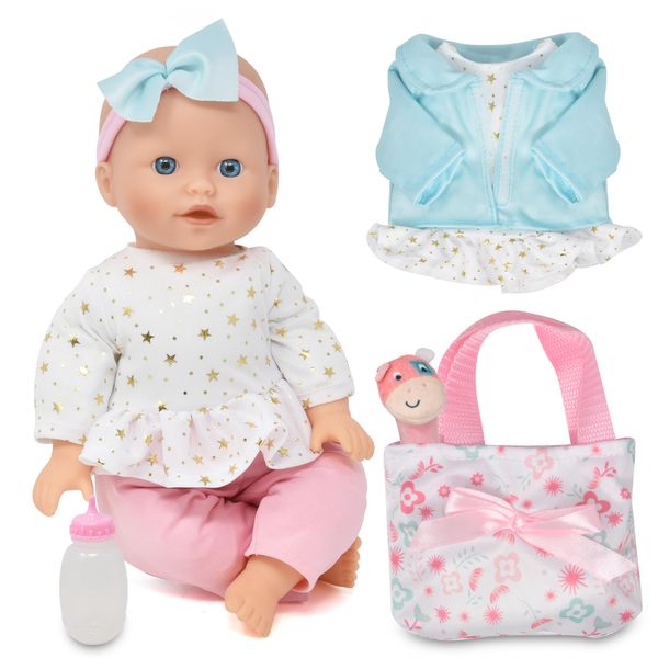 Gift Boutique Soft Body Baby Doll with Accessories Set, 14 Inch Doll with Bottle Clothes Toy Rattle Diaper Bag and Bib for Toddlers Girls Age 2 3 4 5 Years