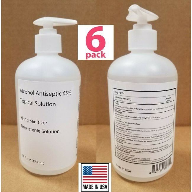 Hand Sanitizer 65% Alcohol Antimicrobial 6 x 16 Oz Bottle Made in USA