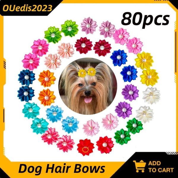 80pcs Dog Flower Bows, Bulk Pet Small Dog Hair Bows with Rubber Bands, Grooming