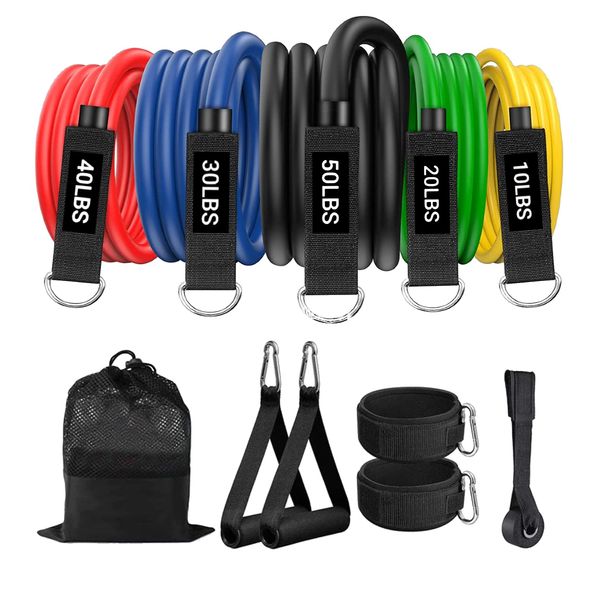 ROMIX Exercise Arm Resistance Bands Set Men Women, 11 Pcs Resistance Tubes Stackable Up To 150 lbs, Fitness Tubes with Foam Handles, Door Anchor and Ankle Straps for Indoor/Outdoor Workout Home Gym