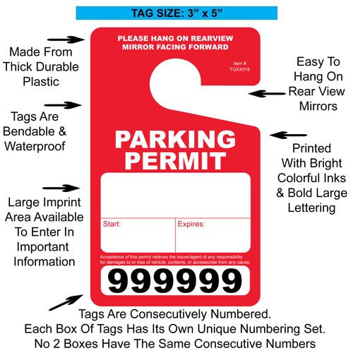 50 Pack Red Parking Permit Hang Tags for Rear View Mirror. Bendable & Waterproof. Temporary Hanging Passes. Large Bold Consecutive Numbers. 3” x 5”. Durable Thick Plastic Tags. Easy to Write on
