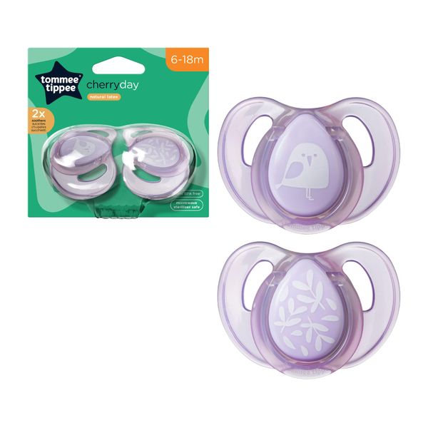 Tommee Tippee Every Day Essential Natural Latex Soothers, Round Cherry Shaped Teat, 6-18m, Symmetrical Design, BPA-Free, Pack of 2, Colours Vary