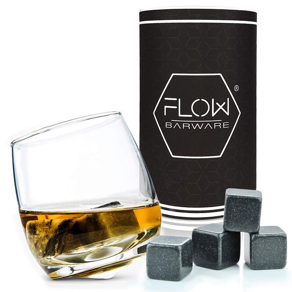 FLOW Barware Rocking Whiskey Glass | Whiskey Gift Set with Whiskey Glass & Non Diluting Whiskey Stones | Whisky Glass with Whisky Stones Gifts for Men Birthday, Father's Day, Christmas