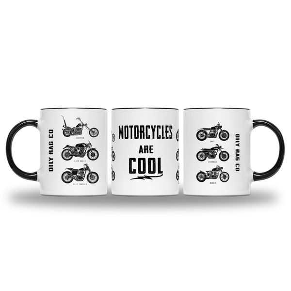 Oily Rag Motorcycles are Cool Mug Tea Coffee Cup - British Vintage Biker Motorbike Motorcycle Club Enthusiast Motor Co Triumph Chopper Harley Gifts Presents (Black Handle)
