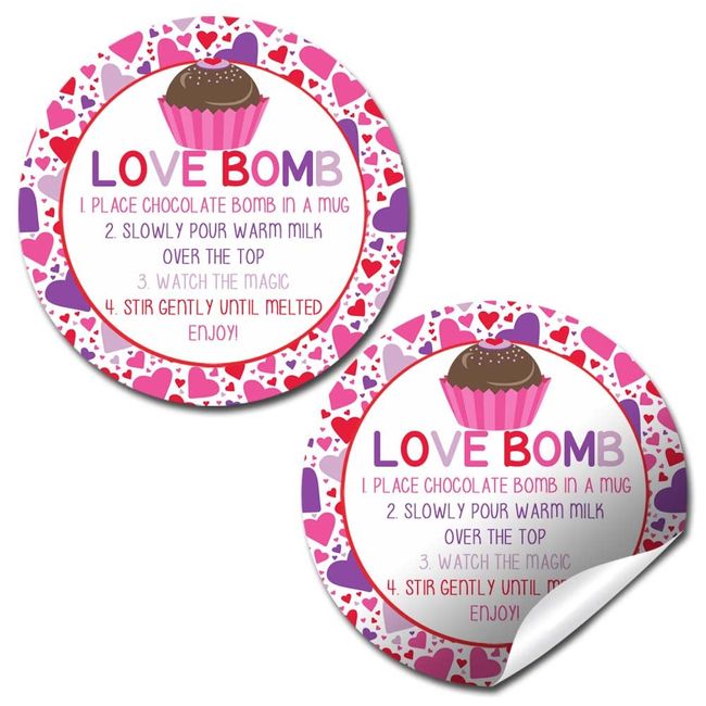 Love Bomb Heart Themed Hot Cocoa Bomb Sticker Labels for Valentine's Day, Total of 40 2" Circle Stickers by Amanda Creation