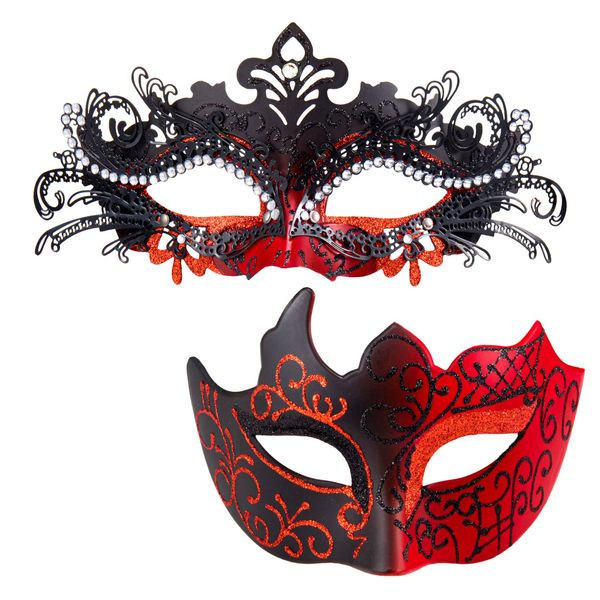 MYSEUNI Masquerade Mask for Couple Red - Shiny Rhinestone Venetian Mask & Mens Venetian Half Face Mask for Christmas Mardi Gras Party Halloween Costume Cosplay Prom Masked Ball