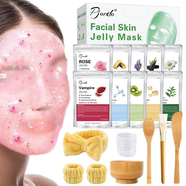 Pjordo Jelly Mask for Facials Professional, Peel Off Jelly Face Mask Skincare, 10 Treatments Jelly Mask Powder with Face Mask Mixing Bowl Set, Hydrojelly Mask for Hydrating, Nourishing & Soothing