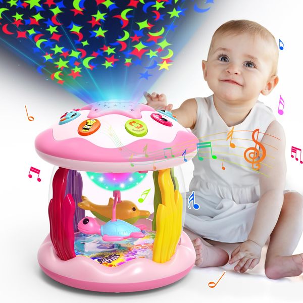 Baby Toys 6 to 12 Months, 4 in 1 Ocaen Rotating Projector, Tummy Time Light Up Musical Toys for 6 7 8 9 12-18 Months, Educational Toys Birthday Gifts for Baby Infants 1 2 Year old Girls(Pink)