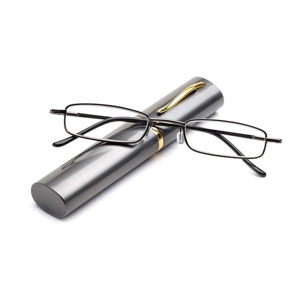 KoKoBin Metal frame Reading Glasses Portable Spring Hinge Reading Unisex reader with glasses case(Gray，+1.0