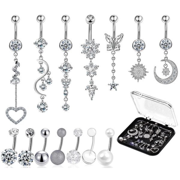 14 PCS Belly Button Rings for Women Girls, 14G Long Dangle Navel Ring Screw Bar Design Body Piercing Jewelry Belly Rings Gifts