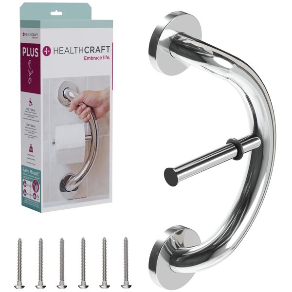 HEALTHCRAFT Plus 2-in-1 Toilet Paper Holder and Grab Bar (14 Inch) | ADA Compliant Safety Grab Bar for Seniors, Wall-Mounted, Supports Up to 500 lbs, Polished Chrome