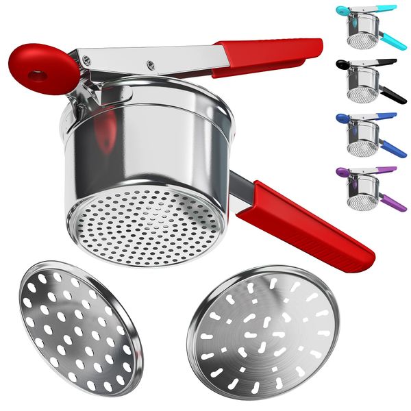 Potato Ricer Stainless Steel with 3 Interchangeable Fineness Discs, Ricer Kitchen Tool for Mashed Potatoes, Cauliflower Rice Maker Masher, Gnocchi Potatoe Spaetzle Press Patoto Masher (Red)