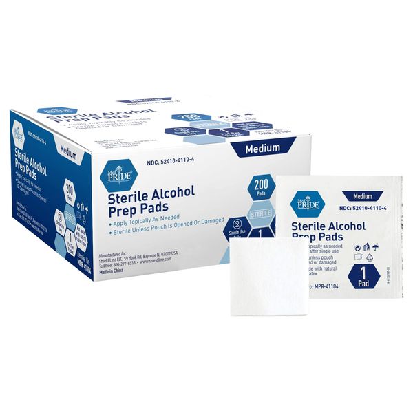 MED PRIDE Alcohol Prep Pads| 200 pack| Medical-Grade, Sterile, Individually-Wrapped, Isopropyl Cotton Swabs| Disposable, Medium Square Size, 2ply, Latex Free & Antiseptic| For First-Aid Kits