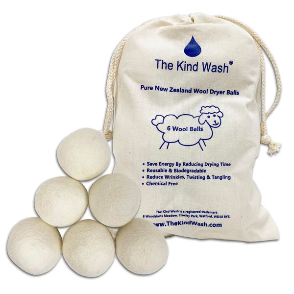 The Kind Wash Wool Tumble Dryer Balls 6-Pack XL Reusable 1000+ Loads Dryer Balls For Laundry UK 100% Natural New Zealand Wool Balls For Tumble Dryer Wool Dryer Balls Alternative To Tumble Dryer Sheets