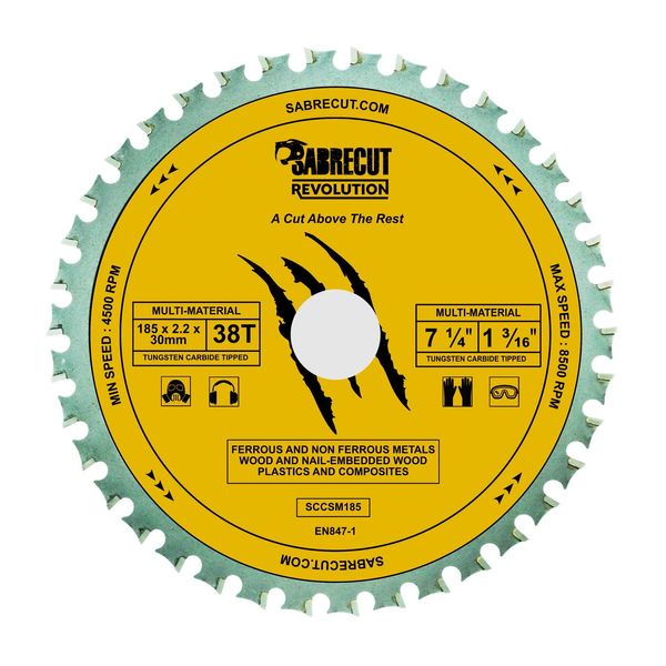 1 x SabreCut SCCSM185_38 185mm 38T x 30mm 25.4mm 20mm 16mm Bore Multi-Material Metal Wood Plastic Circular Saw Blade Compatible with Bosch Dewalt Makita Milwaukee and Many Others