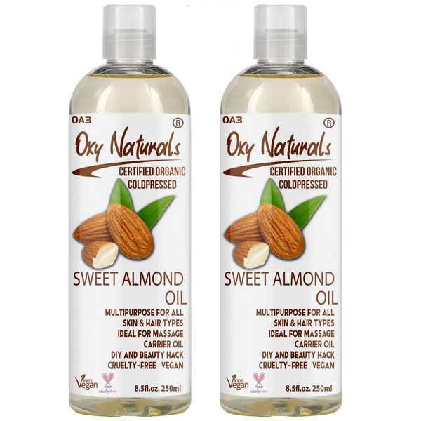 Oxy Naturals Sweet Almond Oil 250ml (Pack of 2) - Nourishing Care for Skin, Hair, Nails & Body - Perfect for Massage, Cuticles, Face, and Stretch Marks - Pure Carrier Oil for Aromatherapy