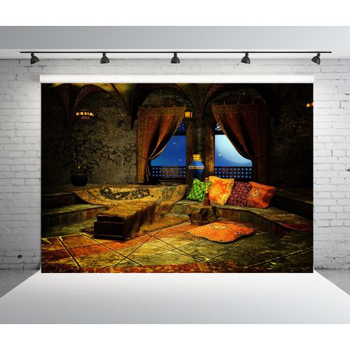 BELECO 10x8ft Fabric Moroccan Palace Backdrop Party Decor, Oriental Chamber with Pillows and Curtains, Starry Window Background for Arabian Nights, Islam Decor, Photoshoot Prop