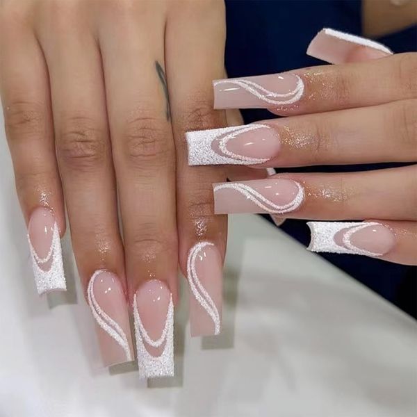 NICENEEDED 24 Pcs Long Coffin False Nails, French Tip Fake Nails, Glitter White Stick on Nails Nude Pink Press on Nails Glue-on Nails Removable Fake Nails Women Girls Nail Art Accessories