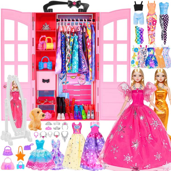 iBayda 11.5 inch Girl Doll with Doll Closet Wardrobe Clothes and Accessories Including Doll, Wardrobe, Mirror, Outfits, Dress, Shoes, Hangers, Handbags, Necklace, Crown and Dog (Include Doll)