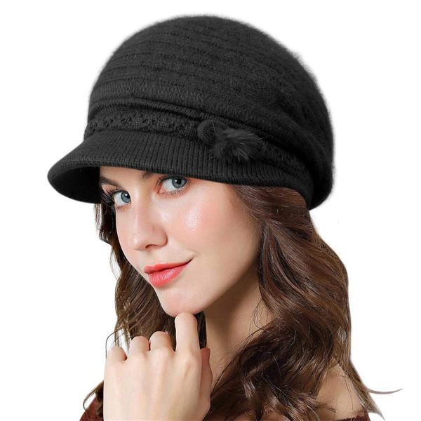 Genfien Barette für Damen Brim Cap Newsboy Cap für Damen Baskenmütze Dickes Fleece Gefüttert Retro-lässige Häkelmode Gestrickte Strickmütze Leichte Winter One Size，Schwarz