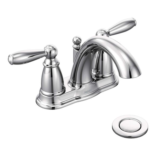 Moen Brantford Chrome Two-Handle Low-Arc Centerset Bathroom Faucet with Drain Assembly, 6610