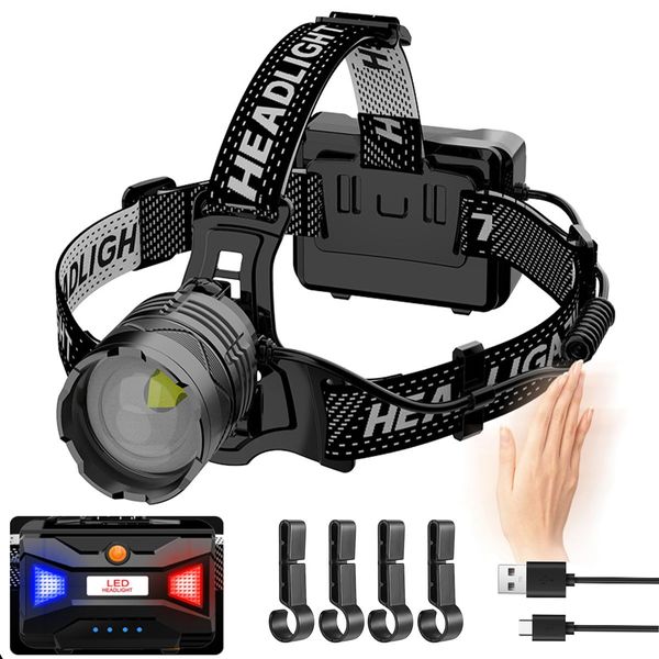 WholeFire Rechargeable LED Head Torch 20000 Lumens, Super Bright Headlamp with 3 Light Modes & Motion Sensor, 90° Adjustable & Waterproof Head Flashlight for Camping, Running, Hiking