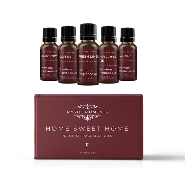 Mystic Moments | Home Sweet Home Fragrance Oil Gift Starter Pack 5x10ml | Baby Powder, Hot Apple Pie, Coffee, Fresh Linen, Jasmine | Perfect as a Gift