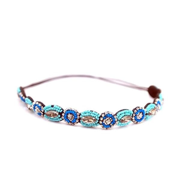 Jilukibo Fashion Handmade Crystal Rhinestone Beads Headband, Retro Style Elastic Hairband Jewelry Hair Accessories Headwraps for Women Girls Brides (Blue)