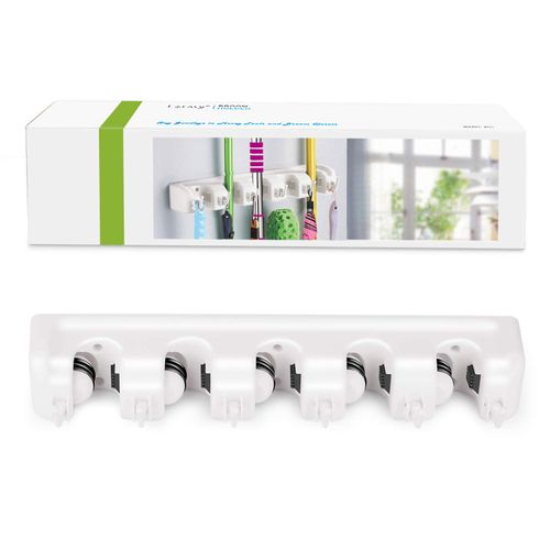 LETMY Broom Holder Wall Mount - Mop and Broom Hanger Holder - Garage Storage Rack & Garden Tool Organizer - 5 Position 6 Hooks Broom Rack for Home, kitchen, Garden, Tools, Garage Organization - White