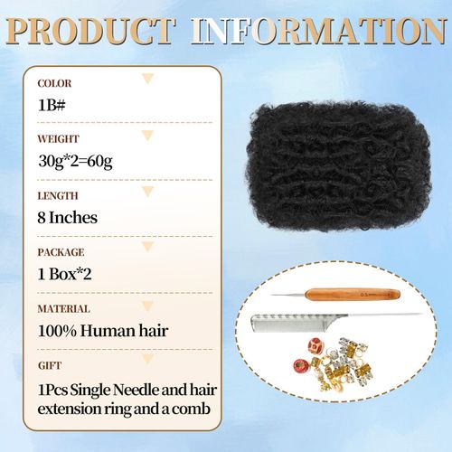 LPARMJIT Tight Afro Kinky Bulk Human Hair for Dreadlock Extensions, 100% Human Hair Repair Locs, Twists and Braids (1b, (8 Inches, 2 Pieces)