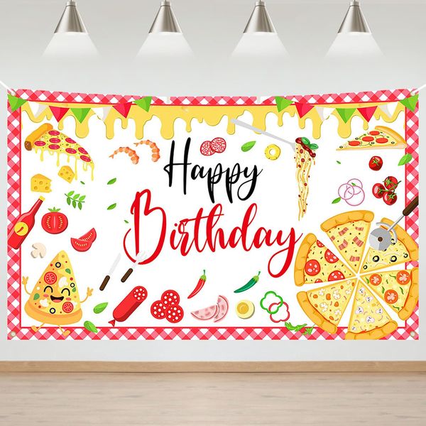 Avezano Pizza Happy Birthday Party Backdrop Kids Cooking Theme Pizza Party Decoration Banner Pizza Themed Kids Birthday Party Dessert Cake Table Banner 70.8 x 43.3 Inch