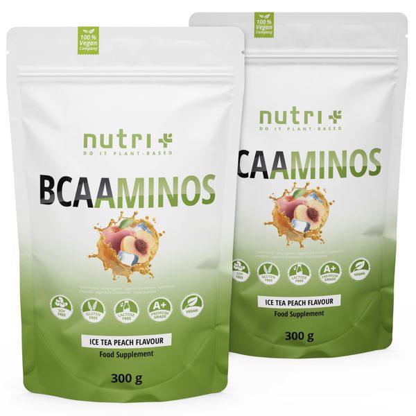 Instant BCAA Powder Vegan - High Dose Amino Acids BCAAs - L-Leucine L-Isoleucine L-Valine 2:1:1 Amino Acid - Nutri + BCAAminos - Peach Iced Tea Flavour - Ice Tea Peach 600 g