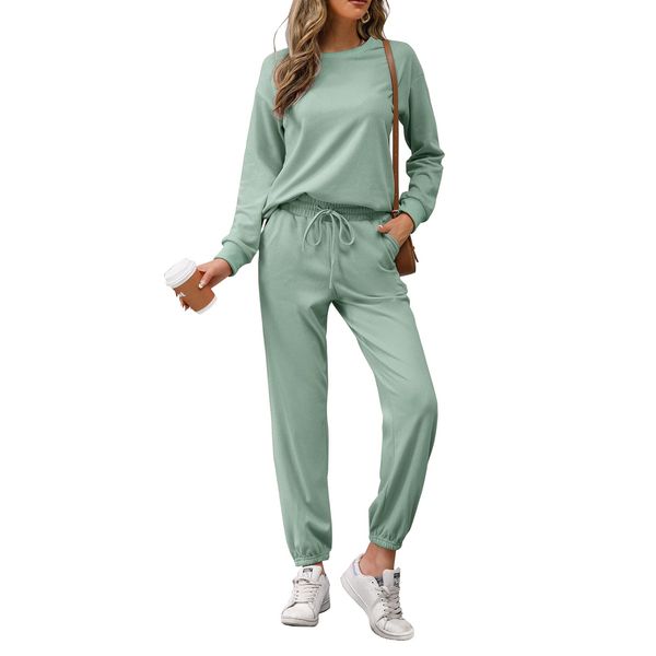 REORIA Damen Tracksuit Langarm Rundhalsausschnitt Einfarbig Zweiteiler Outfit Hoodie Jogger Trainingsanzug Set Sweatshirt & Jogginghose Grün Grau M