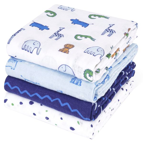 david's kids 4 Pack Baby Muslin Swaddle Blankets, 100% Cotton Swaddling Blankets Wrap for Boys Girls Neutral, Ultra Soft Breathable Receiving Blanket, New Born Essentials, Woodland/Elephant/Giraffe