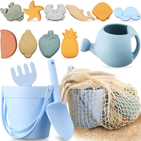 Civaner 15 Pcs Silicone Beach Toys for Baby Girls Includes Shovel and Rake Set with 10 Pcs Sand Toy Molds, Silicone Beach Sand Pail, Watering Can, Mesh Bag, Outdoor Baby Gardening Set for Beach Travel