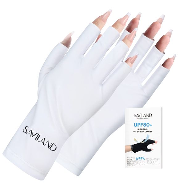 Saviland U V Glove for Nail ,UPF 80+ High Tech Professional U V Glove for Gel Nail Polish,Anti-UVA & UVB 999+ U V Gloves,Skin Care Fingerless Gloves for Gel Nail Lamp,Prevent Hands from UV Harm (White)