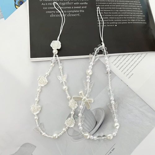 Juroicessry White Mobile Phone Lanyard Universal Phone Chain Black Bow White Pearl Beaded Phone Lanyard Wrist Strap Anti Lost Phone Charm Strap Fashion Phone Case Keychain Cell Phone Pendant