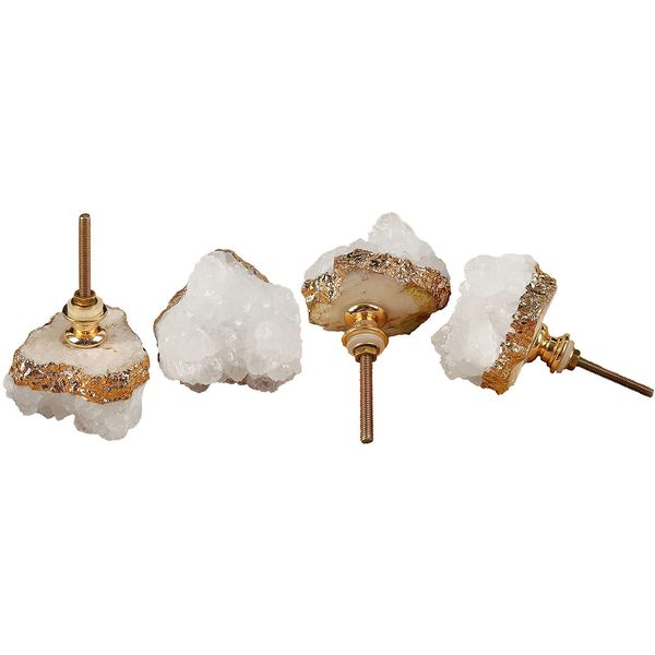 JIC Gem 4 Pack Crystal Stone Cabinet Knobs Quartz Geode Druzy Gold-Plated Handles Natural Gemstone Cupboard Drawer Pulls for Home Office Décor