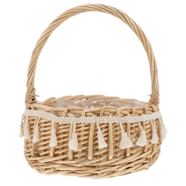 Angoily Hand Decor Wicker Rattan Flower Basket with Handle- 8.2in Flower Girl Baskets for Weddings- Small Woven Easter Basket Wicker Baskets for Home Garden Decor and Shooting Props Wedding Décor