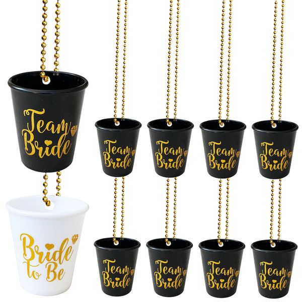 11 Team Bride Shot Glasses Cups 1 Bride to Be Shot Glass Cup Plastic Hen Party Beaded Necklace Black and Gold (11x Team Bride, 1x Bride to Be)