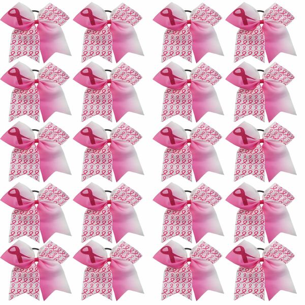 7 Inch Breast Cancer Awareness Cheerleader Bow Pink Ribbon Hair Bow Ponytail Holder Elastic Cheerleader Hair Band Hair Accessories for for Teens Women Set of 20