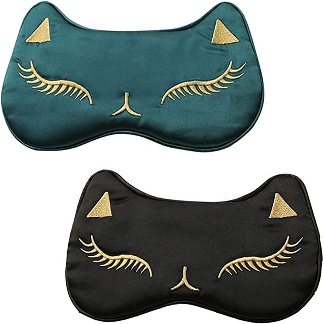 DOMINNE 2 Pcs Silk Sleep Mask, Silk Eye Mask for Sleeping, Adjustable Cat Mask, Fatigue Relief Eye Mask, Suitable for Girls Women Boys Men（Dark Green+ Black）