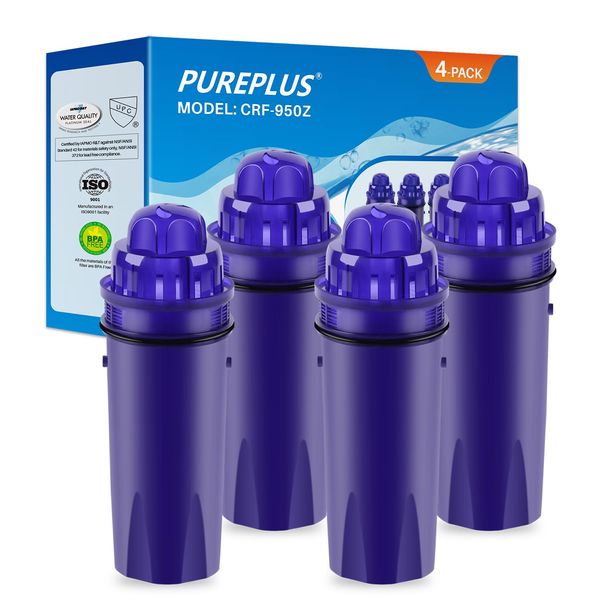 PUREPLUS CRF950Z Pitcher Water Filter Replacement for Pur PPF900Z, PPF951K, PPT700W, CR-1100C, DS-1800Z, CR-6000C, PPT711W, PPT711, PPT710W, PPT111W, PPT111R and All PUR Pitchers and Dispensers, 4PACK