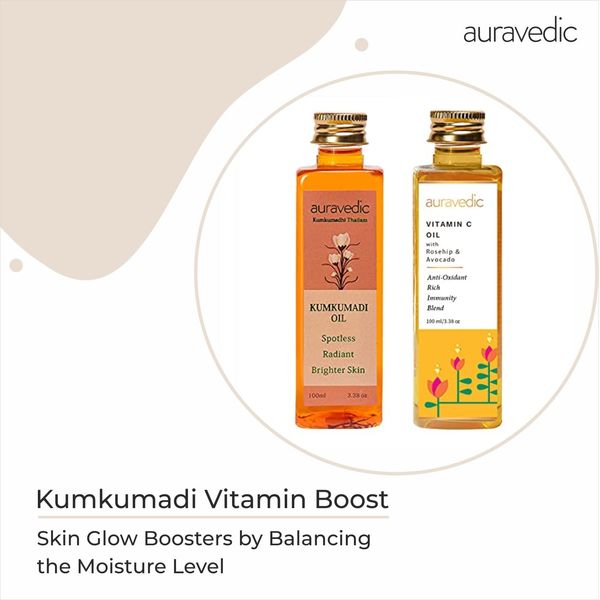 Auravedic Kumkumadi Saffron & Vitamin C Oil | Hydrating Face Moisturizer | Helps Reduce Fine Lines & Nourishes Dry, Dull Skin | Natural Facial Massage Oil | 3.38 Fl Oz/100ml (Pack of 2)