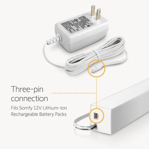 Somfy Charger for Motorized Shades, Blinds, Curtains, Awnings - Compatible with V2 Motors - Powers External Battery Pack - 6-Foot Cable, LED - #9025166