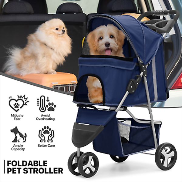 Blue Foldable Dog Stroller Small Medium Pet Travel Cage Carrier Cart w/Sunshade