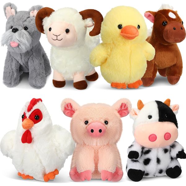 Hiboom 7 Pcs Farm Stuffed Plush Animals Toys Set 8 Inch Barnyard Stuffed Animals Bulk Soft Pig Rooster Horse Duck Sheep Cow Dog Toy Gifts for Birthday Party Favor Supplies