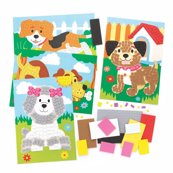 Baker Ross FE582 Dog Mosaic Picture Kits - Pack of 4, Mosaic Tiles Arts and Crafts, Mosaic Kits for Children, Creative Activities for Kids