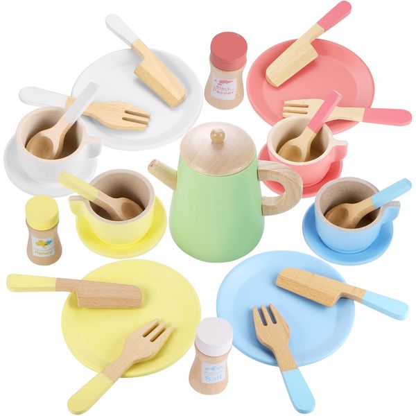 GAGAKU Wooden Tea Set and Wooden Play Dishes 2 in 1 Play Food Set Toy 28 PCS Montessori Wooden Play Kitchen Accessories Kitchen Toy for Toddlers Wooden Play Cooking Set for 3-8 Years Girls and Boys