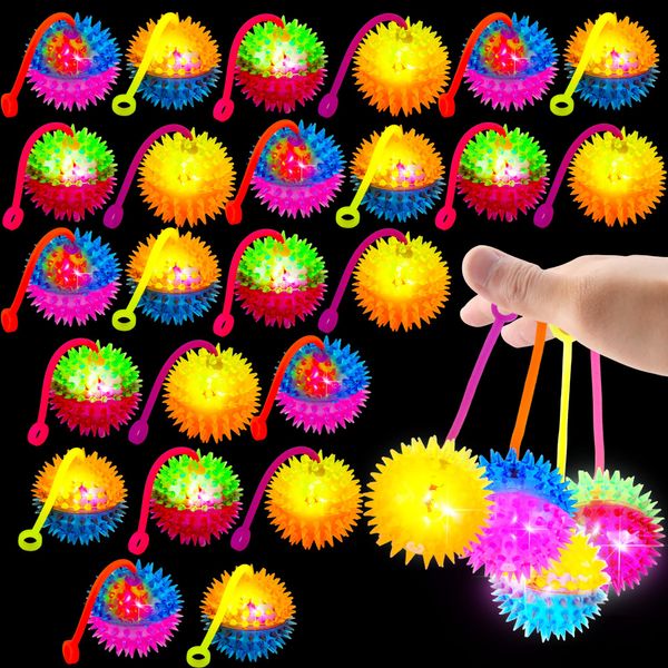 Rcanedny 30 Pcs Bouncy Light up Ball Double Color Spiky Ball with Rope LED Flashing Light Spiky Toy for Kids and Adults Birthday Party Favors Carnival Prizes Classroom Rewards